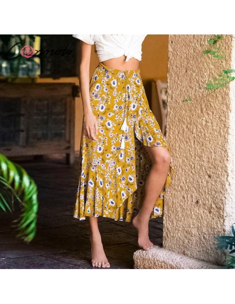 Skirts Long Yellow Beach Bohemian Women Skirt Split Ruffle Summer 2019 Tassel High Waist Skirts Casual Female Skirts - YELLOW...