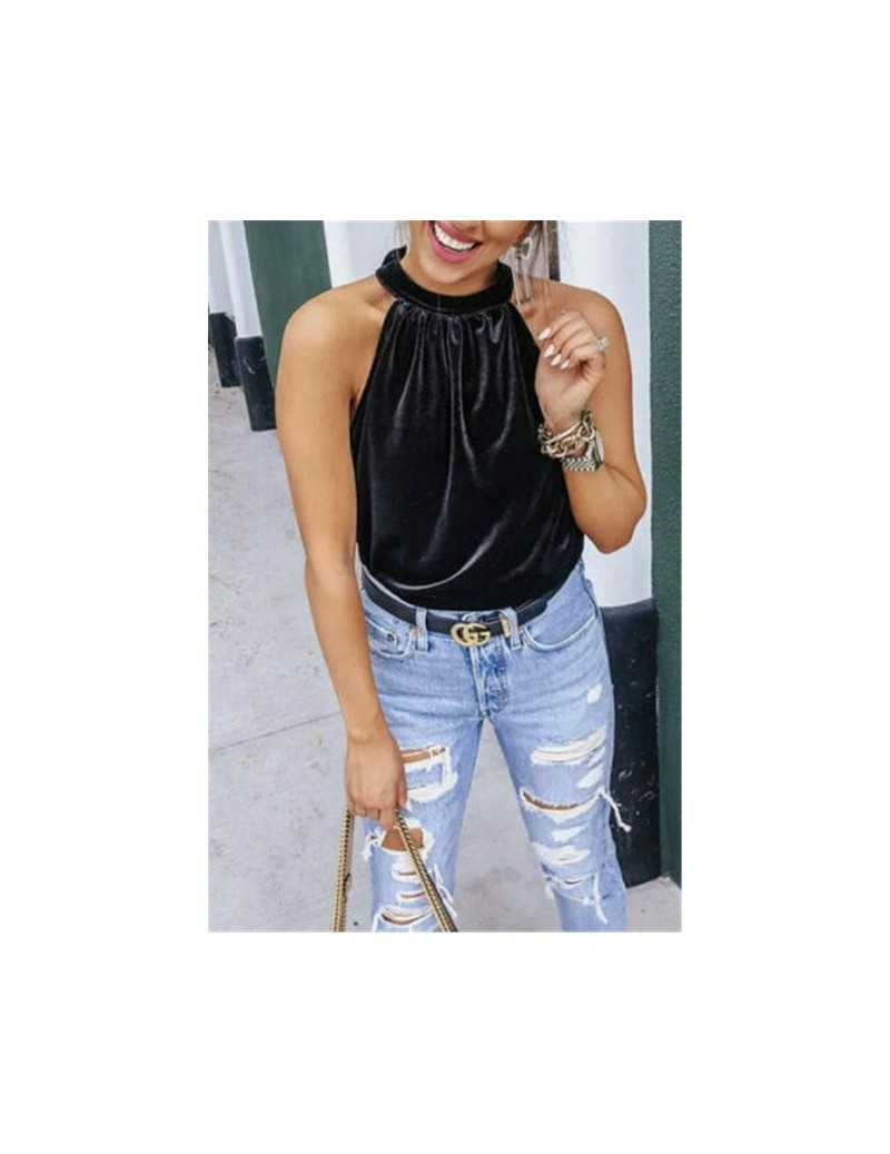 Newest Womens Velvet Halter O Neck Lace Up Tops Tee Lady Summer Casual Tanks Tops - Black - 4N3091329438-1