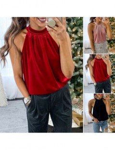 Tank Tops Newest Womens Velvet Halter O Neck Lace Up Tops Tee Lady Summer Casual Tanks Tops - Black - 4N3091329438-1 $10.74