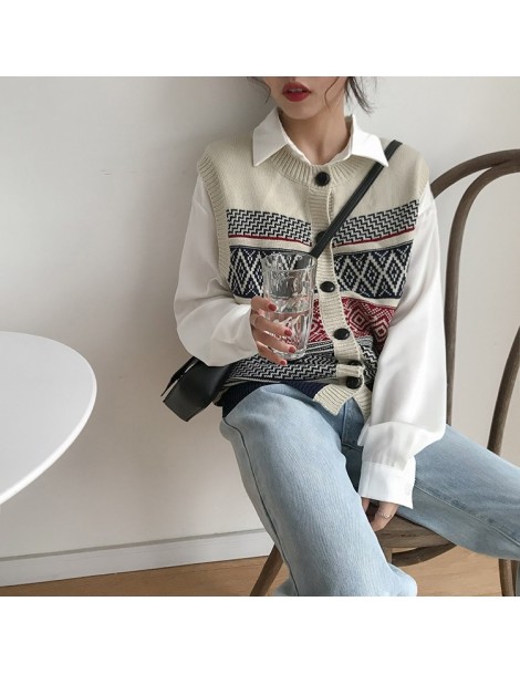 Pullovers autumn and winter vintage color patchwork single breasted button vest sweaters womens sweaters and pullovers (F1308...