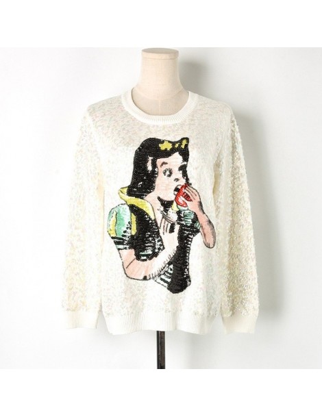 Pullovers 2018 Autumn Winter Women Sweater with Sequins Snow White Pattern Knit Sweater Long Sleeve Round Neck Beading Fashio...