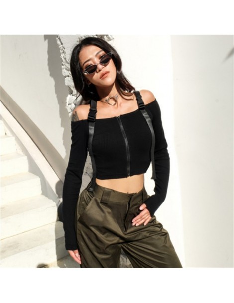 Blouses & Shirts High Street Punk Women Knitting Crop Tops Fashion Off Shoulder Knitted Lace Up Zipper Slim Shirts Sexy Party...