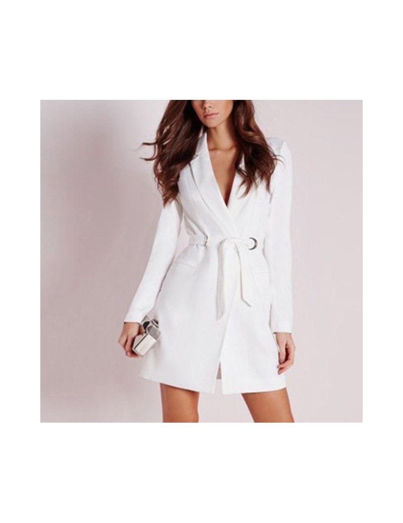Blazers V Neck Women's Blazer Belts High Waist Plus Size Long Sleeve Midi Coat Female 2019 Spring Slim Fashion Clothing - whi...