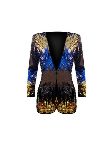Rompers Sexy Women Sequined Rompers Color Block Plunging V Neck Long Sleeve jumpsuit short Sparkling Bodycon Jumpsuit Playsui...