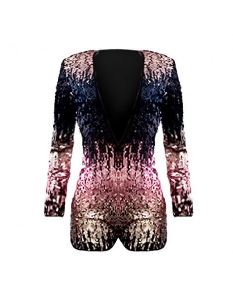 Rompers Sexy Women Sequined Rompers Color Block Plunging V Neck Long Sleeve jumpsuit short Sparkling Bodycon Jumpsuit Playsui...