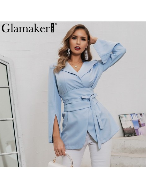 Blazers Sexy blue long sleeve women blazer Elegant office lady lace up deep v neck blazer dress Autumn 2019 fashion slim suit...