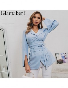 Blazers Sexy blue long sleeve women blazer Elegant office lady lace up deep v neck blazer dress Autumn 2019 fashion slim suit...