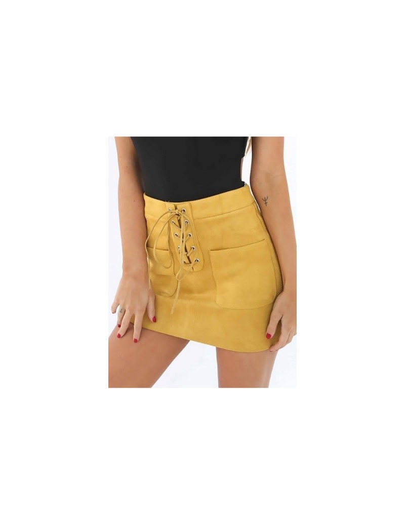 Women Girl Bandage Cross High Waist Pocket Front Suede Short Mini Skirt - YELLOW - 4L3966890937-3