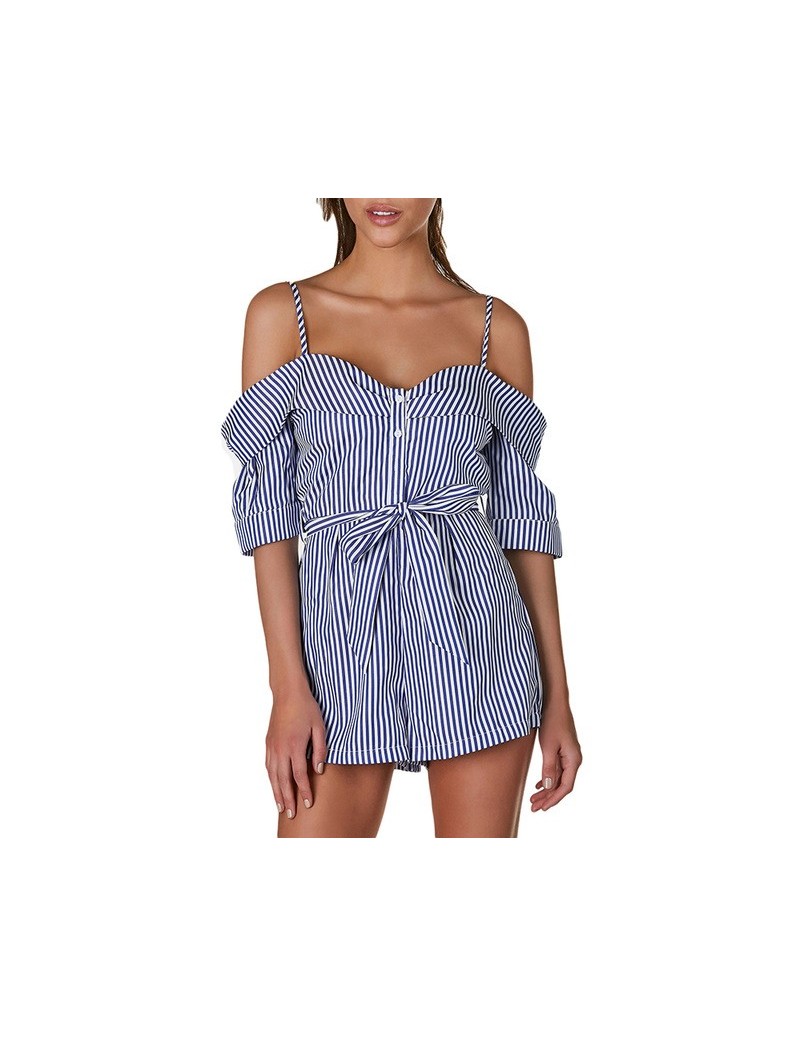 2019 Fashion Playsuit Women Casual Off-shoulder Striped Button Playsuit Preppy Backless Cute Straps Summer Playsuit - Stripe...