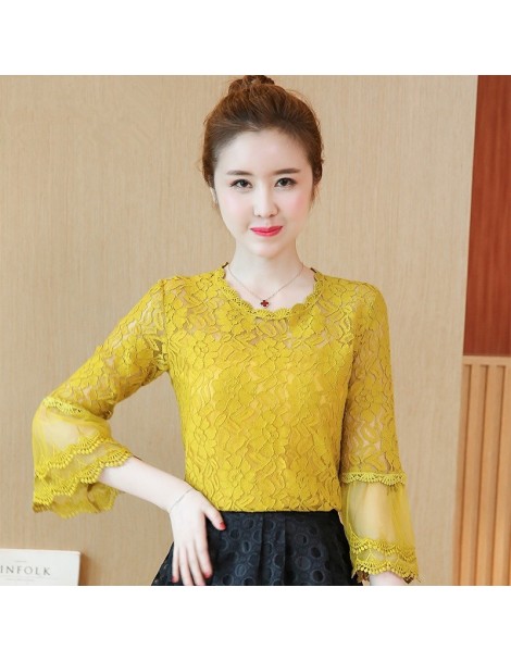 Blouses & Shirts S-2XL Korean Fashion Mesh Lace Blouse Spring Flare Sleeve Patchwork Women Blusas Casual Elegant Female Shirt...