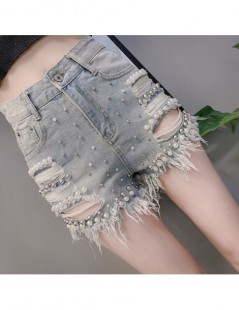 Shorts women girls lady Summer New Heavy-duty Pearl Nail Pearl Grinding Hollow High-waist Slim Jeans Shorts Female clothing -...