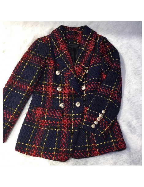 Blazers Autumn Double Breasted Long Sleeves Short Coat Plaid Tweed Outwear Office Lady Coat - Gold - 413068687123 $40.57