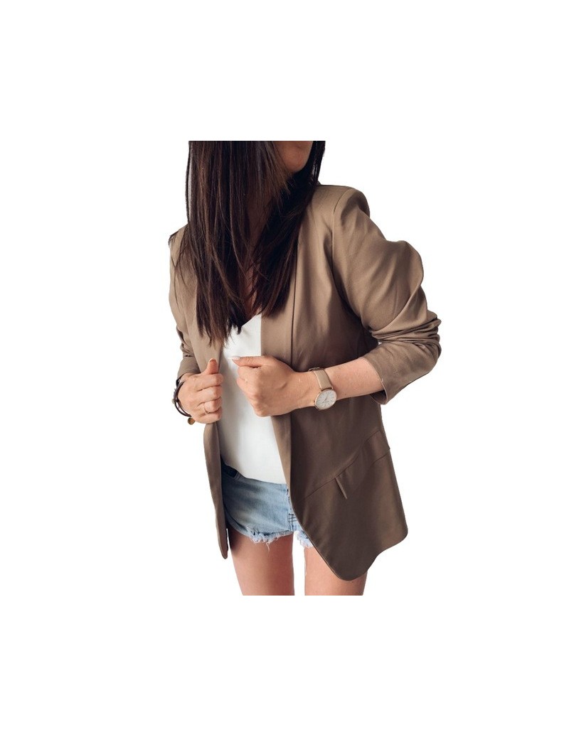 New Office Lady Open Front Solid Color Long Sleeve Lapel Blazer Suit Jacket Coat - Dark Khaki - 4J4169138131-2