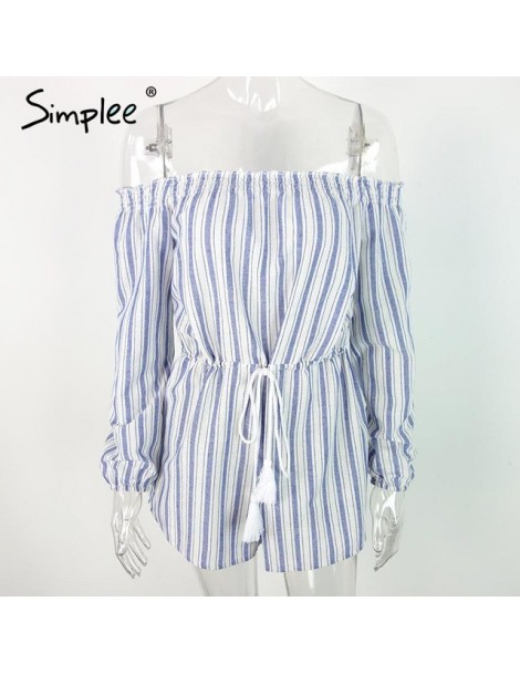 Sexy off shoulder blue striped women jumpsuit romper Summer style beach short playsuit Casual macacao lining overalls - Stri...