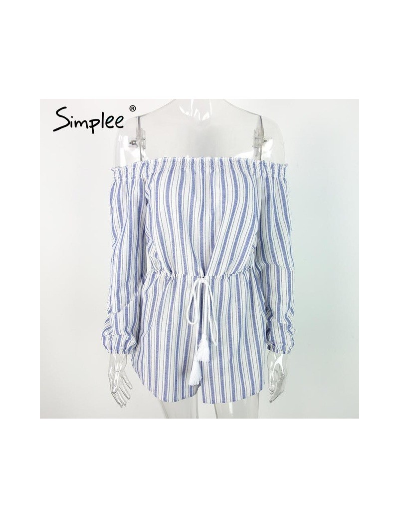 Rompers Sexy off shoulder blue striped women jumpsuit romper Summer style beach short playsuit Casual macacao lining overalls...