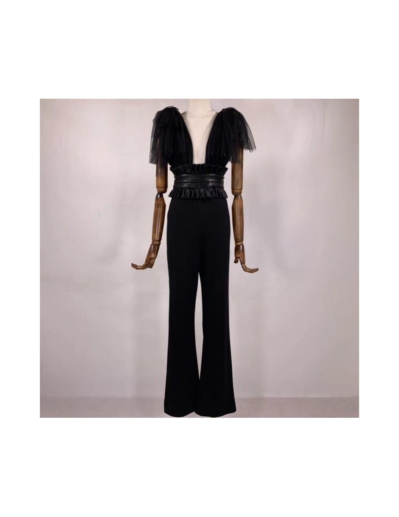 Jumpsuits Mesh Patchwork Sexy Jumpsuit Women V Neck Off Shoulder Backless High Waist Tunic Tops Patns Female 2019 Fashion - b...