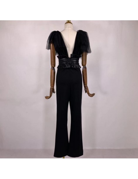 Jumpsuits Mesh Patchwork Sexy Jumpsuit Women V Neck Off Shoulder Backless High Waist Tunic Tops Patns Female 2019 Fashion - b...