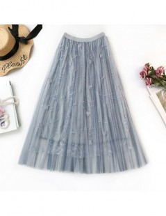 Skirts Sweet Floral Embroidery Tulle Skirt Women 2019 Spring Summer Korean Midi Long Pleated High Waist Sun Skirt Female - bl...