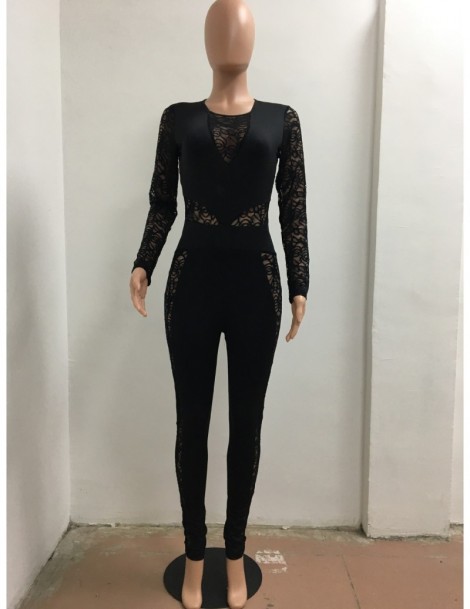 Jumpsuits Long Sleeve Black Lace Jumpsuit Women Sexy See Through Mesh Bodycon Long Pants Romper Club Wear Party One Piece Jum...
