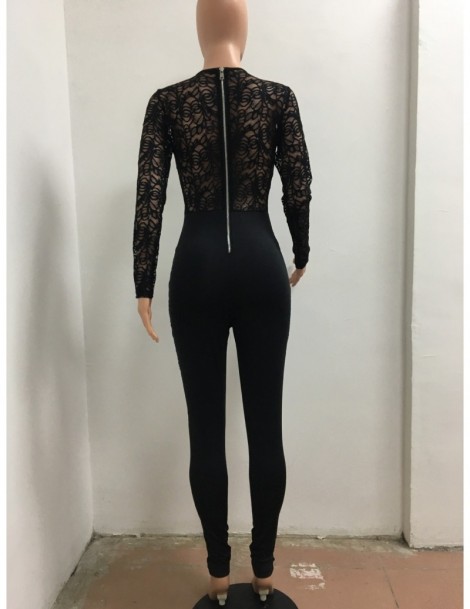 Jumpsuits Long Sleeve Black Lace Jumpsuit Women Sexy See Through Mesh Bodycon Long Pants Romper Club Wear Party One Piece Jum...