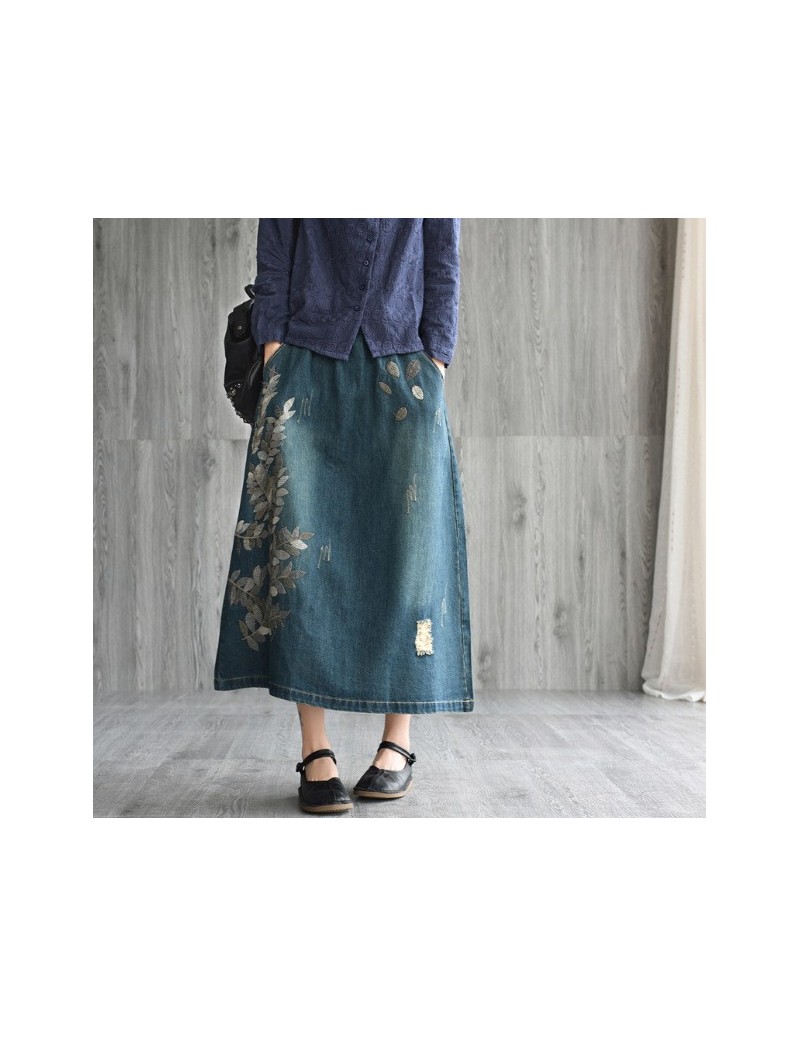 Skirts Casual New Literary Embroidery Drawstring Denim Skirt 2019 Spring Summer Loose Wild a-line Long Female Skirt - Dark bl...