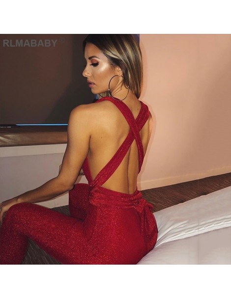 Jumpsuits Shiny Deep V Neck Backless Bandage Rompers Womens Jumpsuit Slim Sleeveless Club Bodycon Overalls Sexy Women Jumpsui...