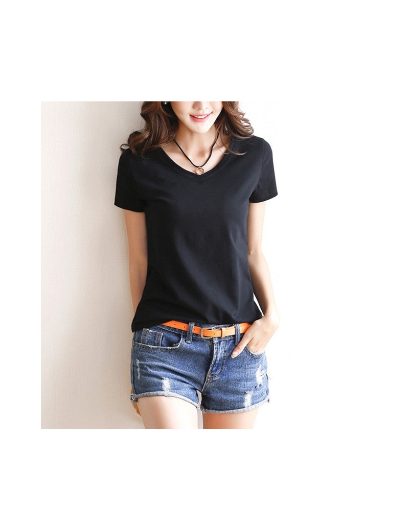 T-Shirts Womens Milk Fiber Basic T-Shirt Summer Short Sleeve V-Neck Tops Solid Color Slim - Black - 4G3028972800-1 $15.87