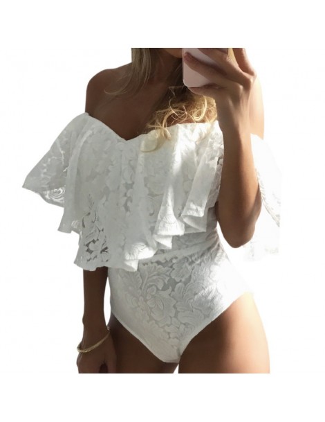 Rompers New Arrival Women Ruffles Lace Bodysuit Summer Jumpsuits Rompers Off Shoulder Slash Neck Body Sexy Bodysuits - Pink -...