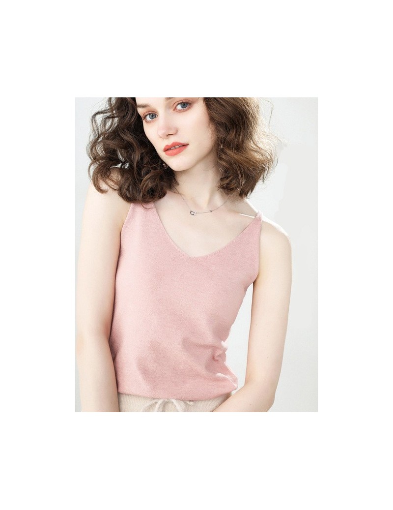 2019 Summer Colors Women V-neck Wool Cashmere Knitted Camis Thin Band Sexy Tops White Women's Tanks Tops Black Grey - Pink D...