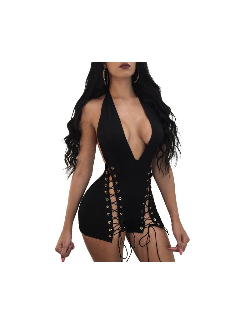 Sexy V-neck Backless Women Playsuits New Arrival Hollow Out Halter Female Jumpsuit Bodysuits - Black - 32963220668
