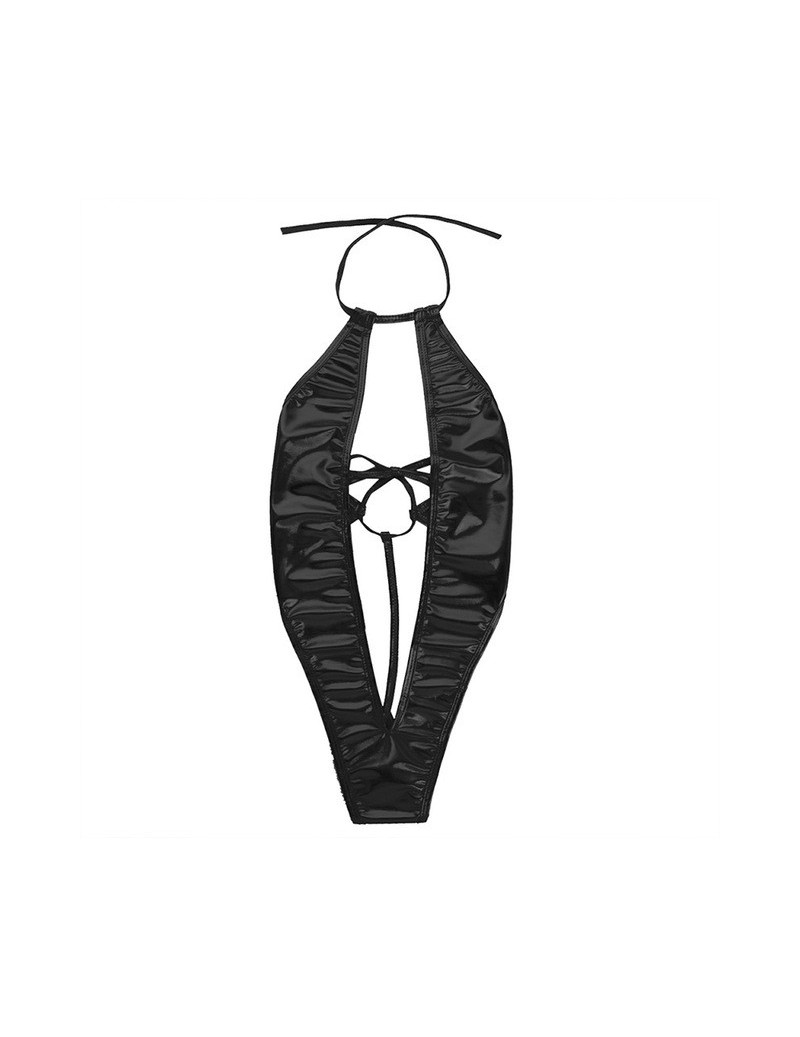 Women Jumpsuits Patent Leather One Piece Deep V-Halter Swimwear Bodystocking Front Backless Babydoll Teddy Bodysuit - Black ...