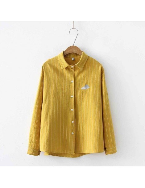 Blouses & Shirts 2019 NEW Striped Shirt Office Lady Wear Button Up Turn Down Collar Cotton Blouse Weather Embroidery Feminina...