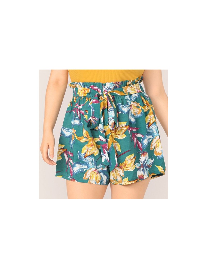 Plus Size Green Paperbag Waist Belted Floral Belted Shorts 2019 Women Summer Beach Boho Wide Leg Loose Vacation Shorts - Gre...