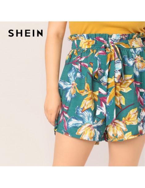 Shorts Plus Size Green Paperbag Waist Belted Floral Belted Shorts 2019 Women Summer Beach Boho Wide Leg Loose Vacation Shorts...