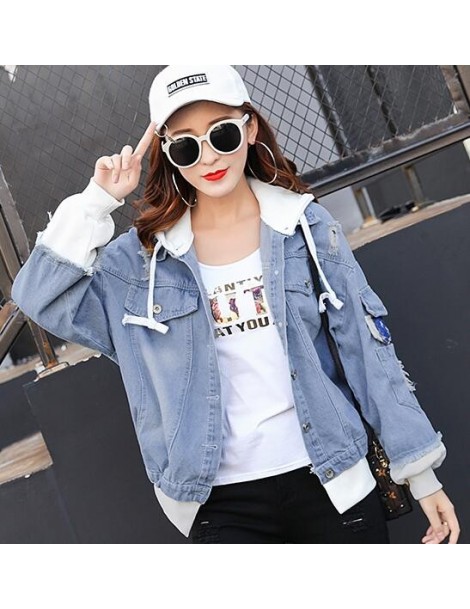Patchwork Hooded Jackets Women 2018 Autumn Denim Outerwear Hole Causal Jackets Single Breasted Preppy Style Women's clothing...