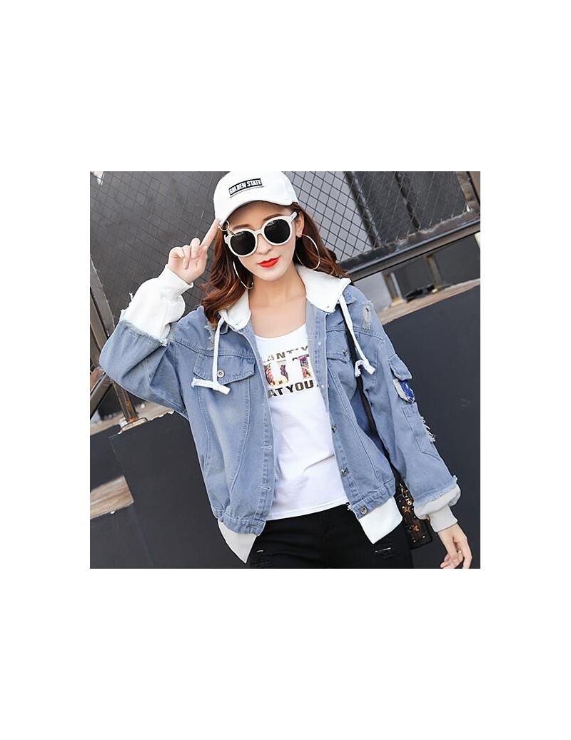 Patchwork Hooded Jackets Women 2018 Autumn Denim Outerwear Hole Causal Jackets Single Breasted Preppy Style Women's clothing...