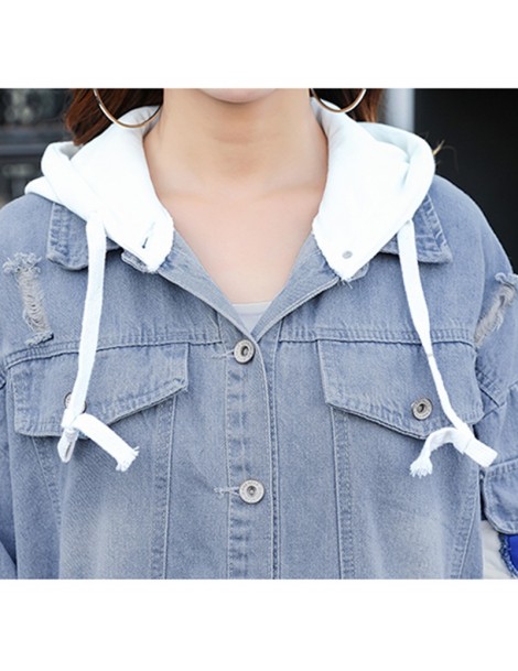 Jackets Patchwork Hooded Jackets Women 2018 Autumn Denim Outerwear Hole Causal Jackets Single Breasted Preppy Style Women's c...