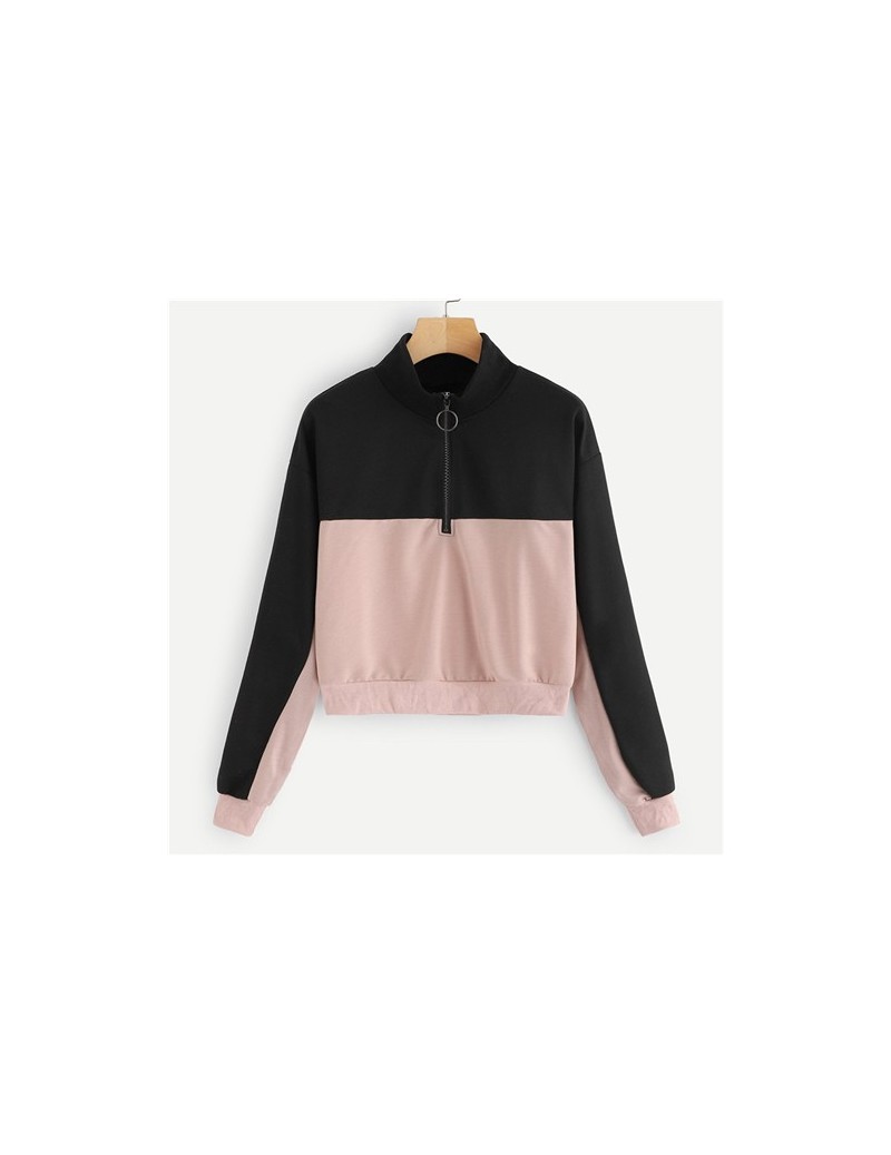 Contrast Panel Half Zip Crop Sweatshirt Women 2019 Autumn Casual Minimalist Tops Stand Collar Half Placket Sweatshirt - Mult...