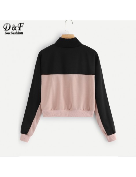 Hoodies & Sweatshirts Contrast Panel Half Zip Crop Sweatshirt Women 2019 Autumn Casual Minimalist Tops Stand Collar Half Plac...