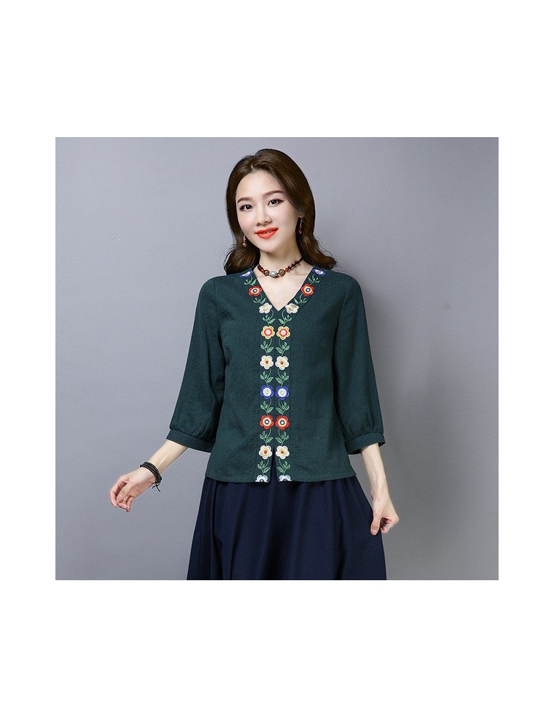 Blouses & Shirts Vintage Floral Embroideried V-neck Shirts Women Summer Blouses Cotton Linen Tops - Green - 4T3008372279-2 $5...
