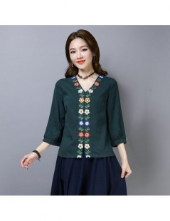 Blouses & Shirts Vintage Floral Embroideried V-neck Shirts Women Summer Blouses Cotton Linen Tops - Green - 4T3008372279-2 $2...