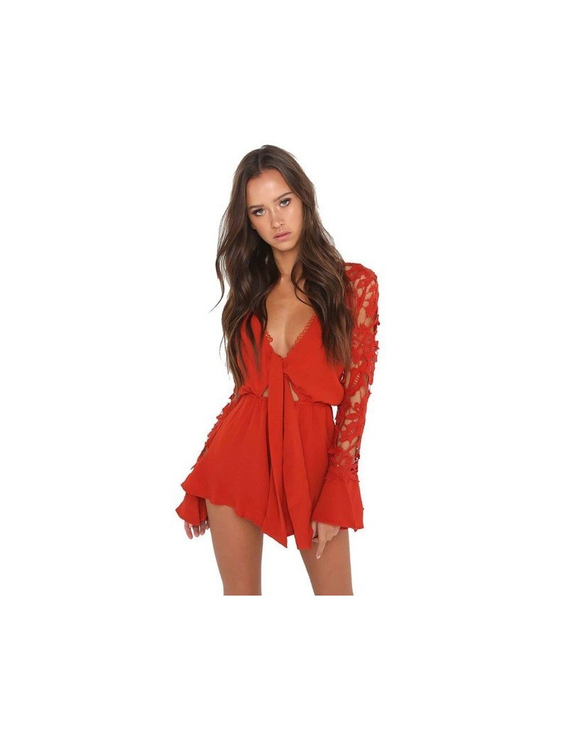 Rompers Hollow Out Long Sleeve Playsuits Womens Sexy Deep V Neck Lace Jumpsuits Loose Women Lace Up Bodysuits Short Jumpsuits...