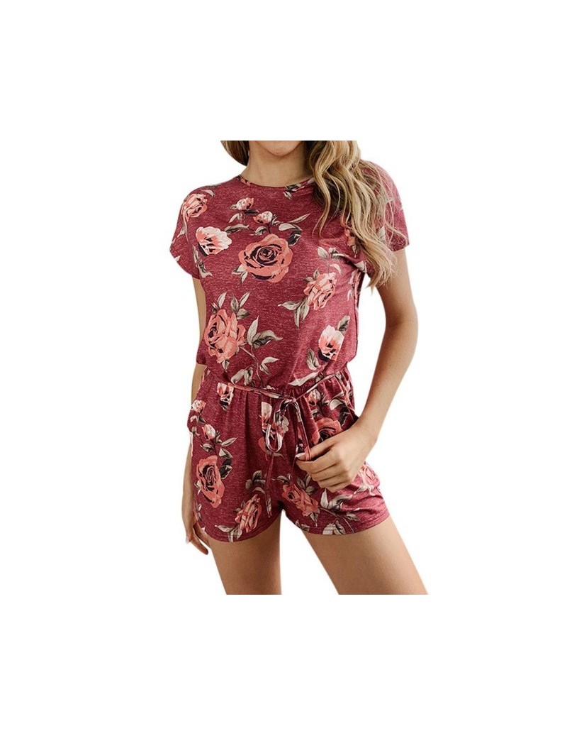 Rompers Summer Short Sleeve Overalls Jumpsuit Women Rompers Flower Print Jumpsuit Female Playsuit - Red - 33036889392 $28.14