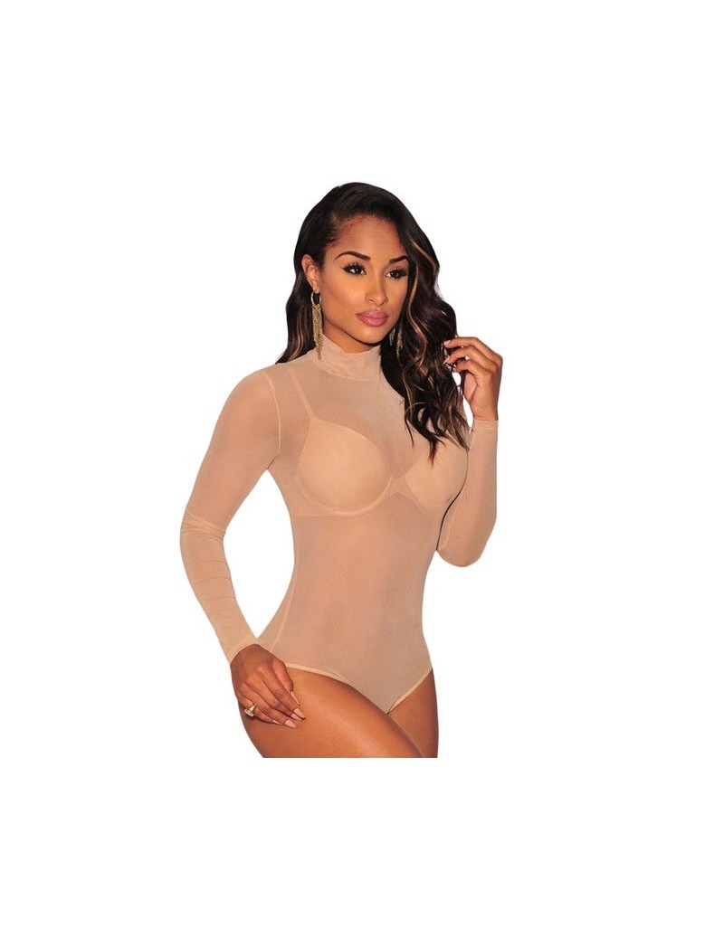 2019 Nude Mesh Bodysuit Rompers Bodycon Jumpsuit Turtleneck Skinny Bodysuits Transparent New Women Sexy Body Clothing - Nude...