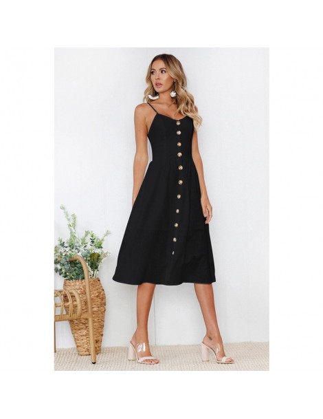 Dresses Summer Women Long Maxi Boho Solid Spaghetti Strap Button Beach Evening Party Dress Sundress Long Dresses - Black - 4U...