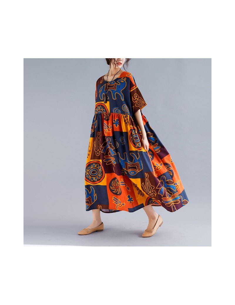 Dresses 2019 New Summer Bohemia Plus Size Dress Women Print Floral O-Neck Short Sleeve High Waist Korean Female Vintage Dress...