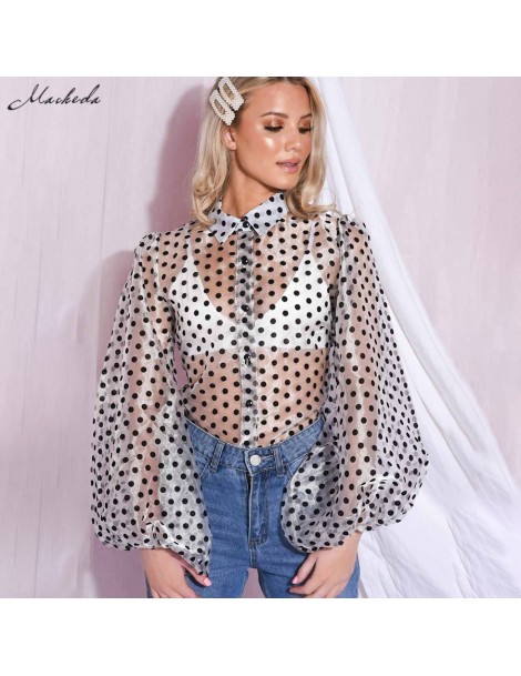 Blouses & Shirts Summer Wave Point Print Blouse Women Sexy Mesh See Through Turn-down Collar Lantern Sleeve Buttons Ladies Bl...