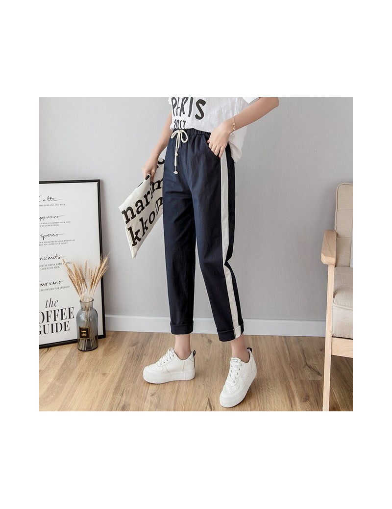 Cotton Linen Ankle Length Pants Women's Spring Summer Casual Trousers Pencil Casual Pants Striped Women's Trousers Green Pin...