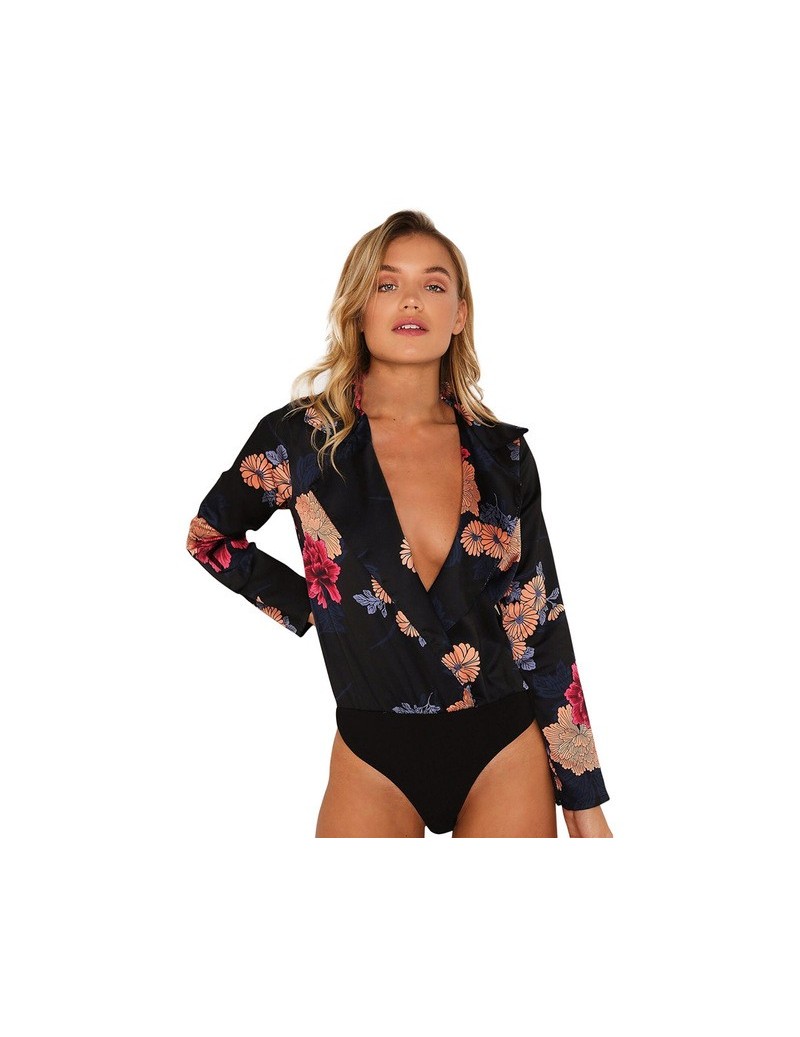 Women long sleeves turn down collar Floral Print Tuxedo Wrap Over sexy white satin bodysuit one piece top overalls body femm...