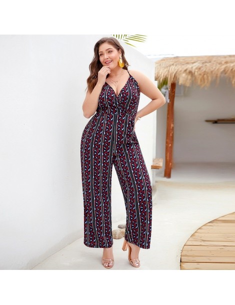 Jumpsuits Backless Bodysuit Female Rompers Loose Plus Size 3XL 4XL Women Playsuits Sleeveless Printed Deep V-Neck Women Plays...